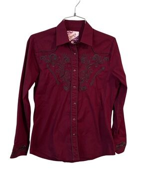 Danesi Western Embroidered Button Up Snap Long Sleeve Shirt Wine Colored Size M